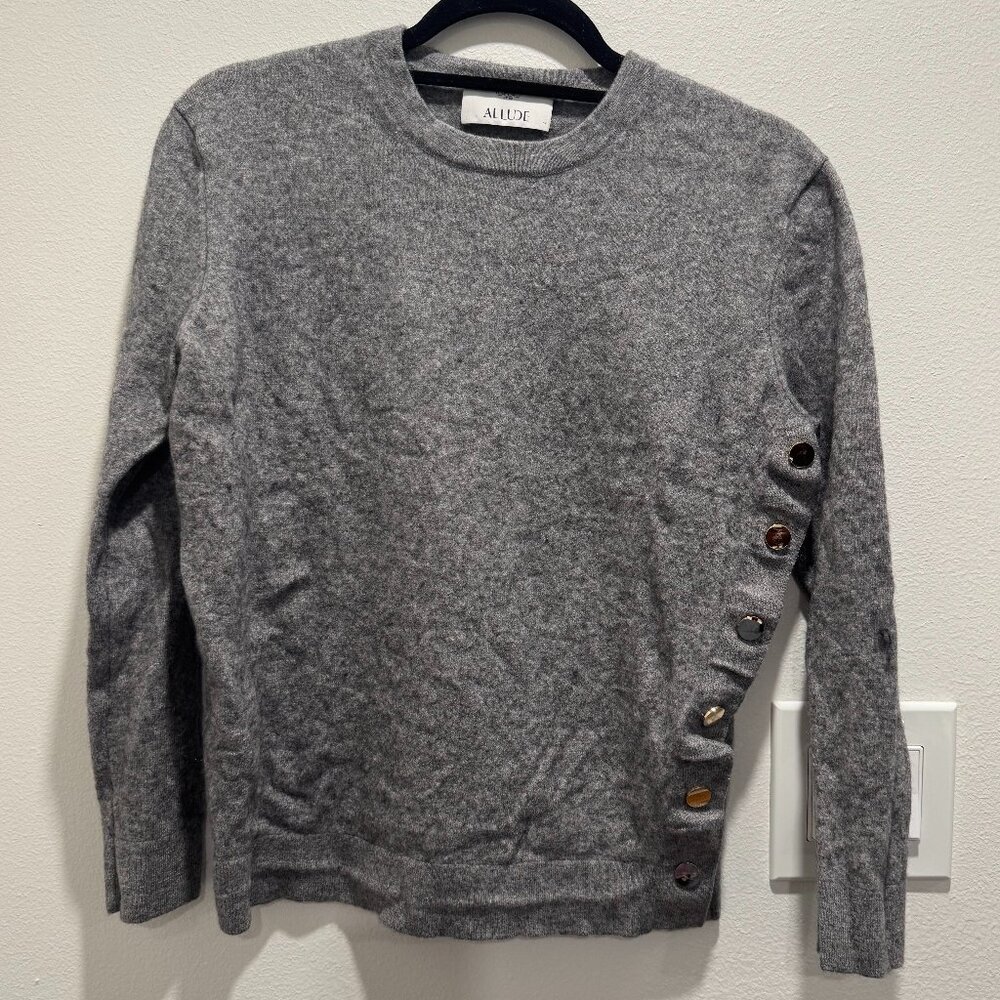 Allude Gray Wool and Cashmere Sweater w/Gold Button Detail on Left Side (Size L)